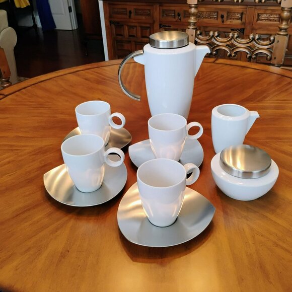 MCM Thomas Rosenthal Vario Porcelain & Stainless Coffee Set, Postmodern Cups Pot - Picture 10 of 12